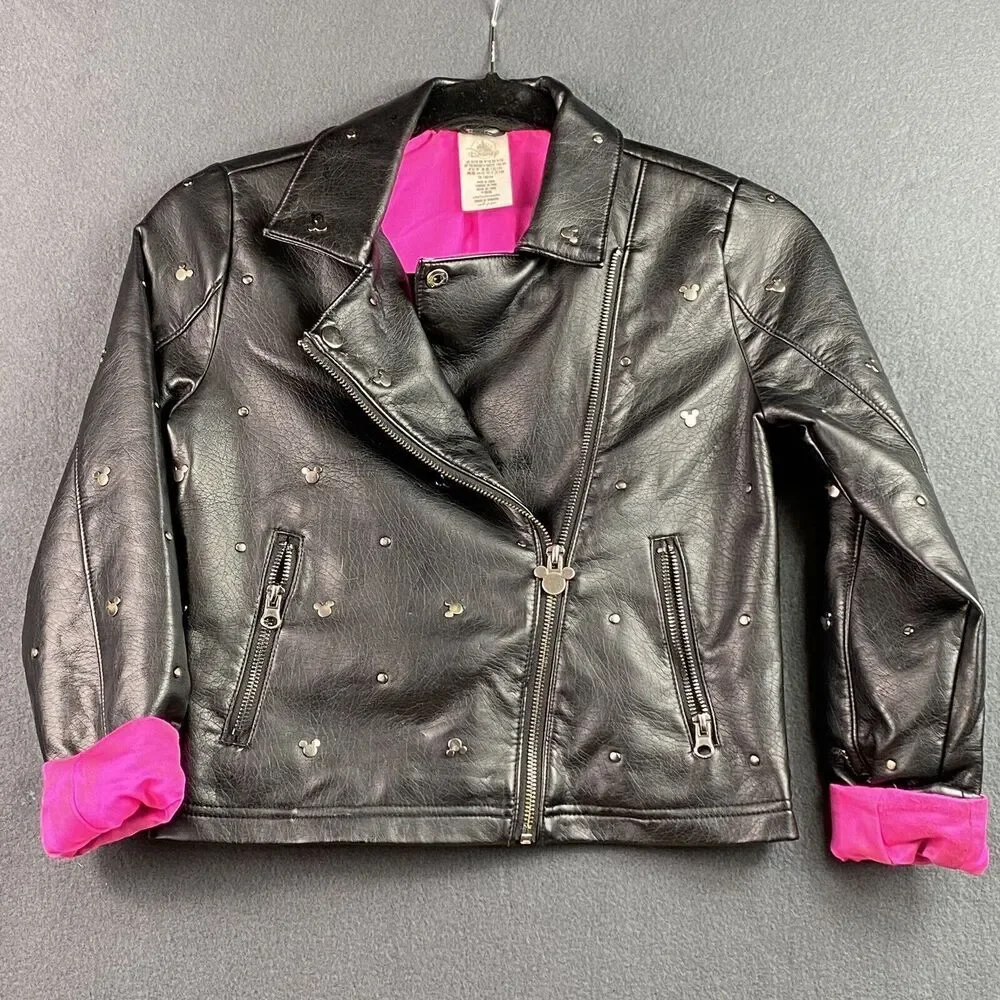 Disney Moto Zip Faux Leather Mickey Mouse Studded Jacket Size 9-10 Black Pink
